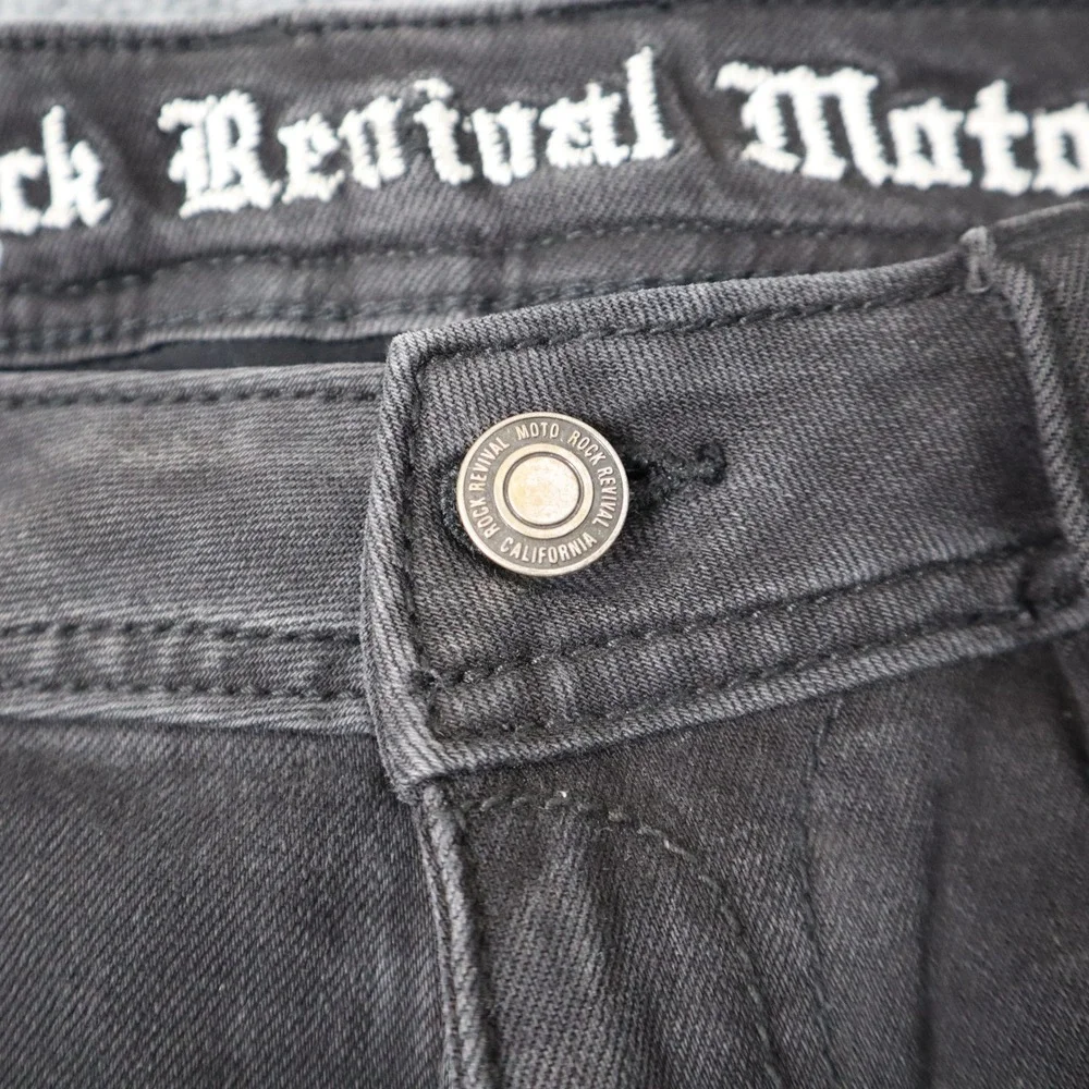 Rock Revival Moto Men Black Distressed Biker Jeans‎ Slim Fit Ribbed Details READ